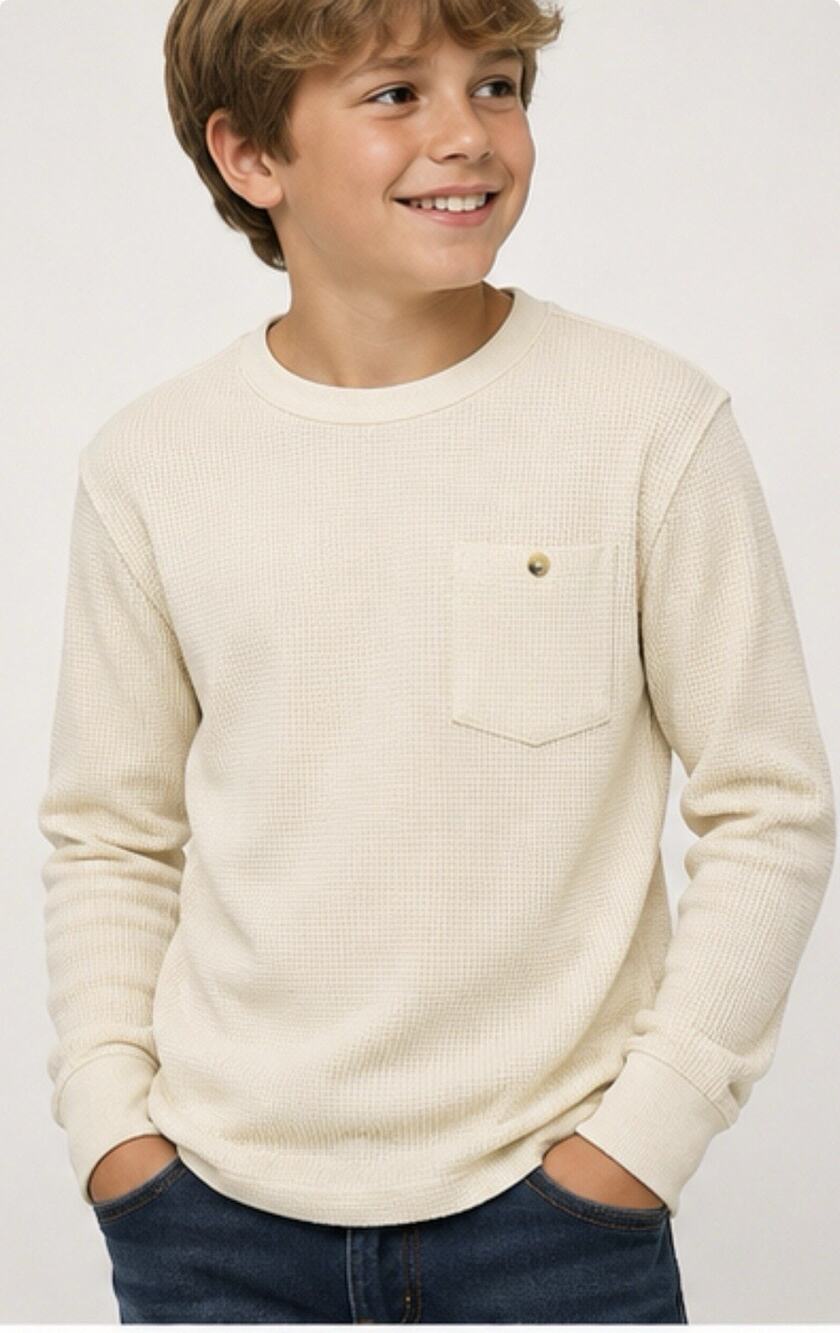 Copper Denim Boys L 14-16 Cream Waffle Knit Thermal Long Sleeve Shirt NWT